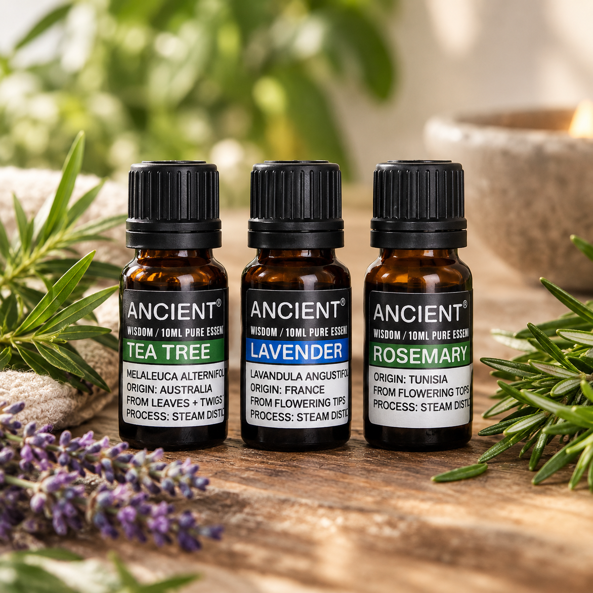 Conjunto de aceites esenciales de lavanda, árbol de té y romero de 10 ml cada uno.