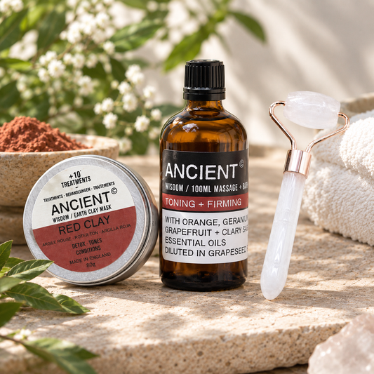 Kit Cuidado Facial Piel Normal: Aceite Tonificante, Arcilla Roja y Mini Rodillo de Cuarzo