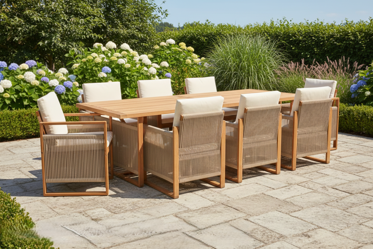 Mesa de comedor Set 9 con 8 sillas de eucalipto acabado natural – Maena Home