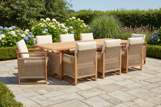 Mesa de comedor Set 9 con 8 sillas de eucalipto acabado natural – Maena Home