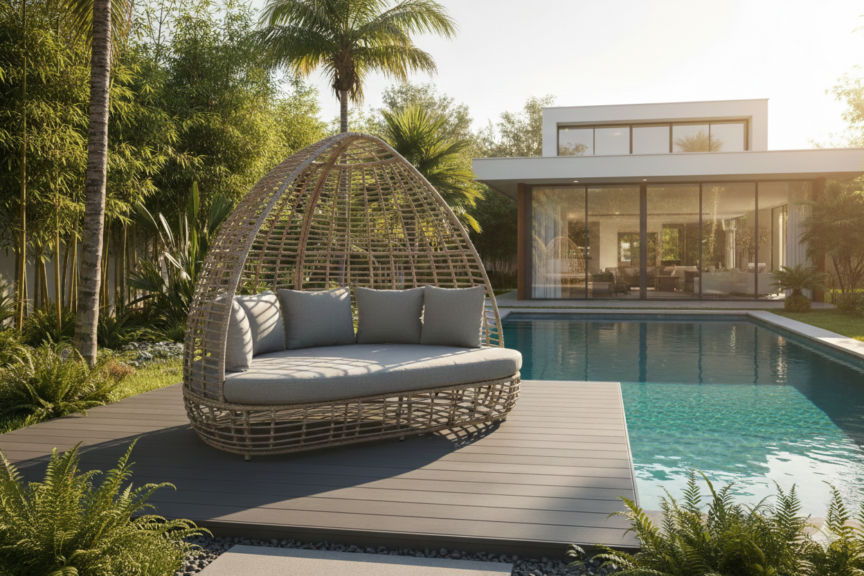 Cama Chill de ratán sintético para exterior con estructura de aluminio – Maena Home