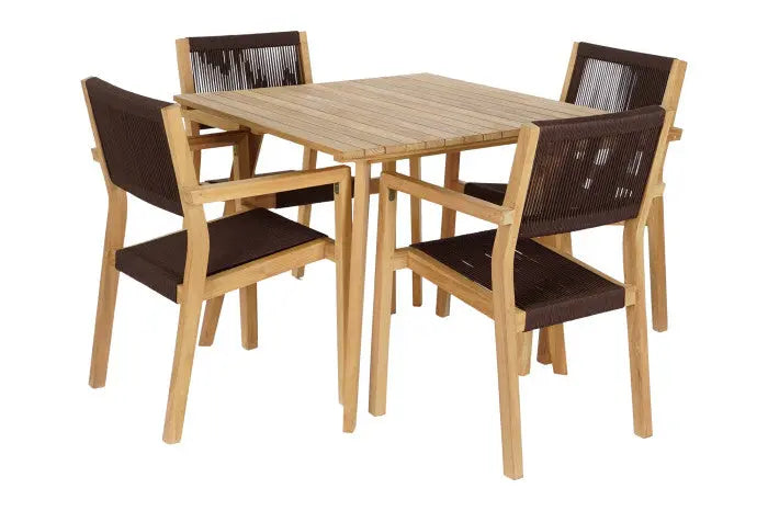 Mesa de comedor Areguá Set 5 de teca con sillas de cuerda marrón – Maena Home