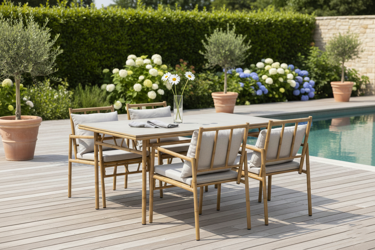 Mesa de comedor Neiva Set 5 con 4 sillas beige de aluminio y poliéster – Maena Home
