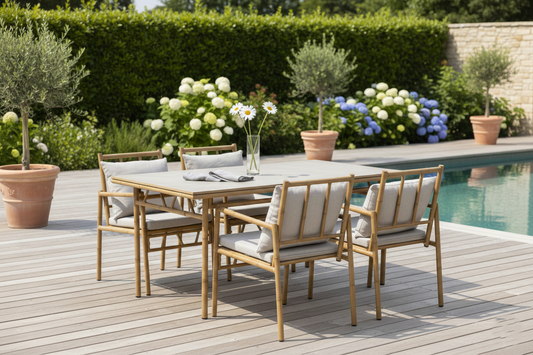 Mesa de comedor Neiva Set 5 con 4 sillas beige de aluminio y poliéster – Maena Home
