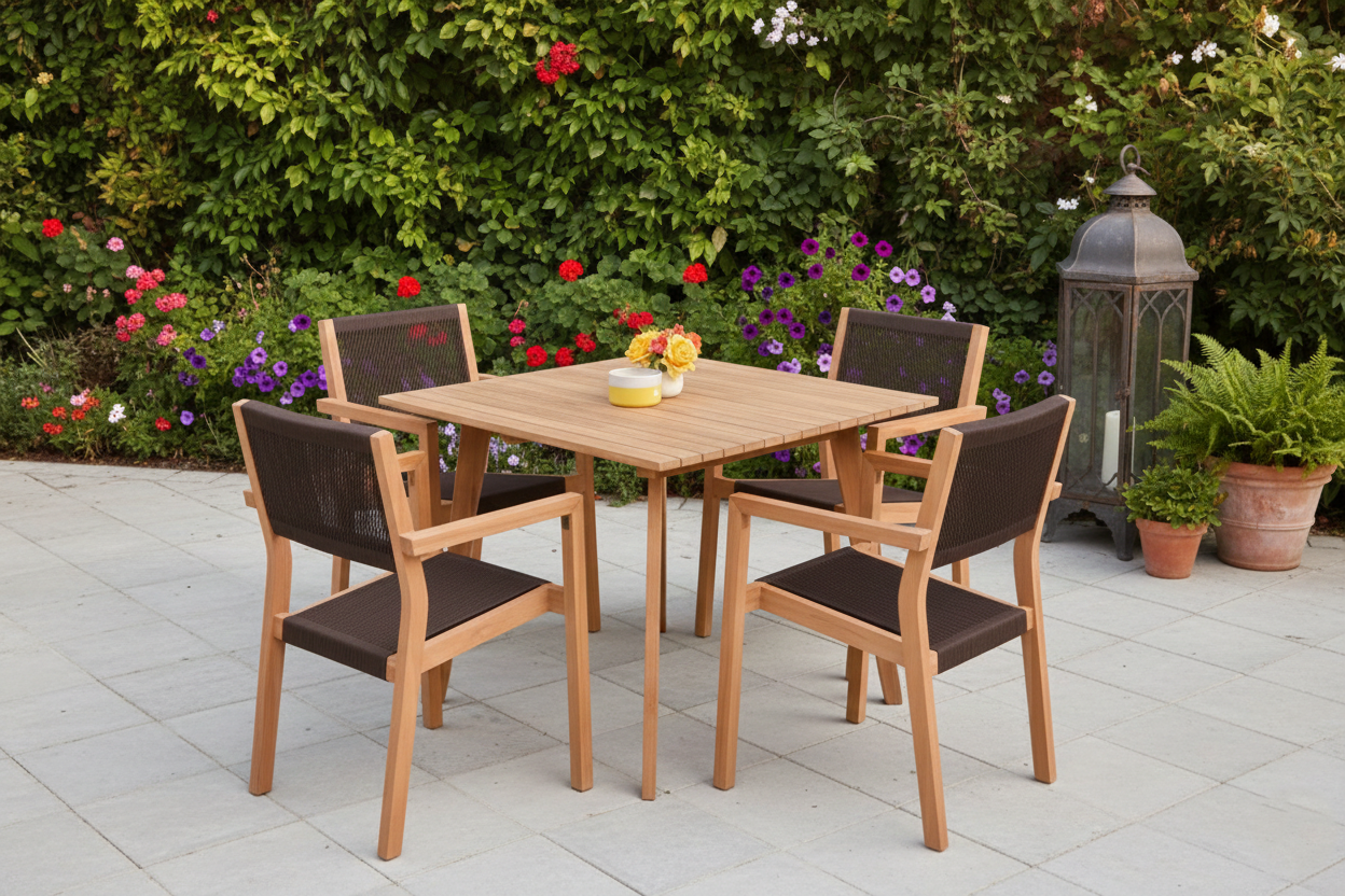 Mesa de comedor Areguá Set 5 de teca con sillas de cuerda marrón – Maena Home