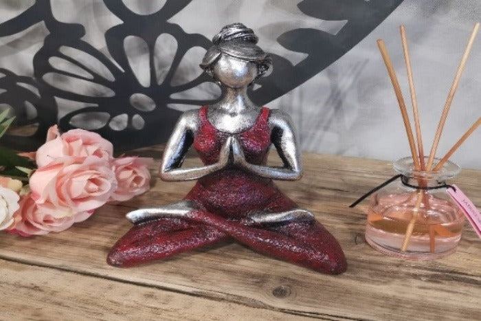 Yoga Lady Figure -  Silver & Bordeaux 24cm - MAENA HOME